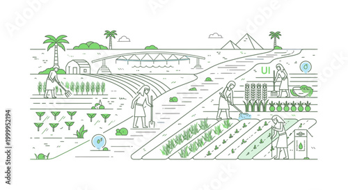 Illustration of an ancient Egyptian farming scene with people working in fields, pyramids and palm trees in the background, in a simple line drawing style with green accents.