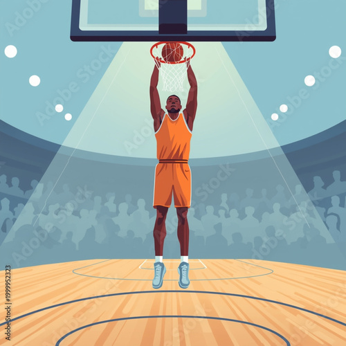 Basketball player dunking in a stadium