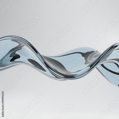 Abstract swirling wave of clear blue liquid with internal reflections and dark grey shadows creating a dynamic fluid motion against a smooth light grey background representing water or a similar
