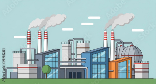 Modern industrial factory complex with smoking chimneys.