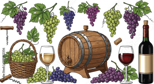 Wine and Grapes Illustration Set Featuring Grapevines, Wine Barrel, Bottles, Glasses, and Corks for Vineyard and Winery Designs
