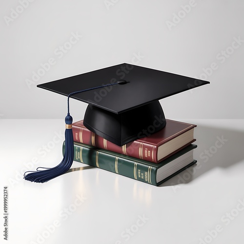 Black Graduation Cap and Tassel Resting on a Stack of Two Hardcover Books One Burgundy and One Green on a White Surface with Soft Lighting and Subtle Shadows Indicating Academic Achievement and