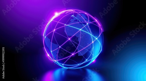 Glowing globe with network lines. Digital world concept, futuristic design, vibrant colors, dark background. Represents global connections.