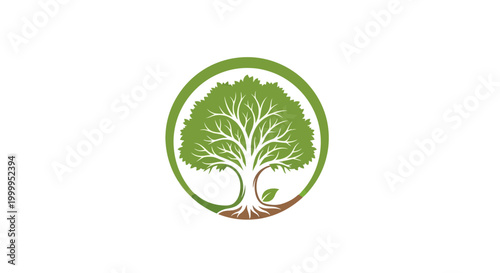 Green tree logo with roots and circle on white background