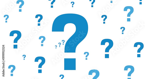 Large blue question mark surrounded by smaller blue question marks on a white background