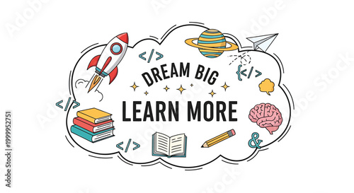 Education icons, learning symbols, dream big, school vector graphics, colorful illustrations