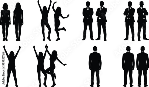 Set of business people and women silhouettes standing and jumping isolated collection of human figures vector style