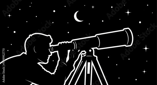 Silhouette of a man observing the night sky through a telescope.
