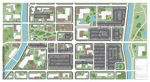 Aerial view of a city block plan with buildings and waterways.