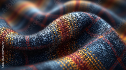 Close-up of plaid knitted textile with soft folds and detailed yarn weave in blue, red, and yellow tones, ideal for winter fashion, cozy backgrounds, and design
