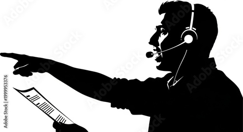 Silhouette of a man with headset pointing and holding a document.