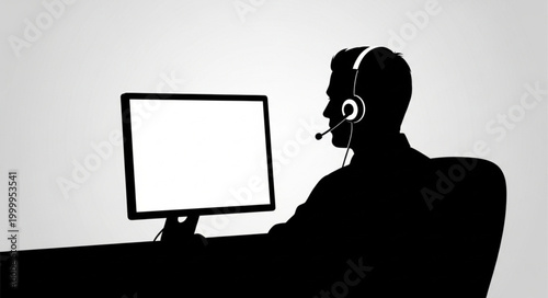 Silhouette of a Man with Headset Working at a Computer.
