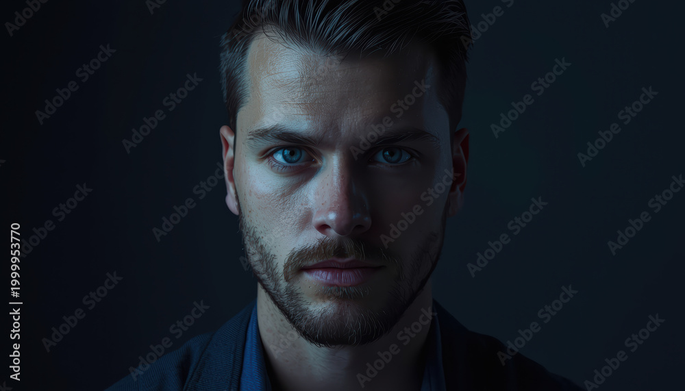 Obraz premium Intense young man portrait with dramatic low key lighting and moody expression