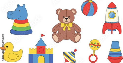 Children's Toy Collection with Teddy Bear, Stacking Rings, Rocket, Duck, and Castle for Kid's Playtime and Educational Designs