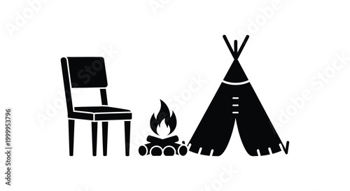 Camping Scene Silhouette Chair Teepee And Campfire