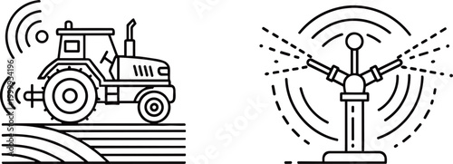 Smart farming icons with autonomous tractor and automatic sprinkler system, modern agriculture technology line art vector symbols for crop growth.