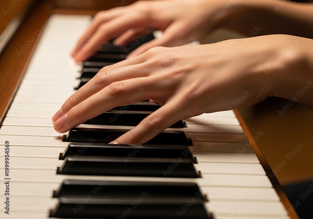 Fototapeta premium Close-up of pianist hands playing keys on a piano keyboard
