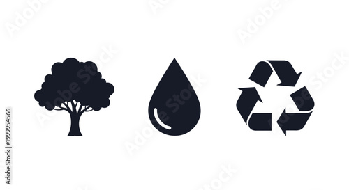 Eco friendly icons, tree, water drop, recycling symbol, environmental conservation, sustainability, black vector graphics