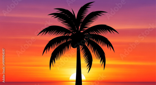 Silhouette of a Palm Tree Against a Vibrant Sunset Sky.
