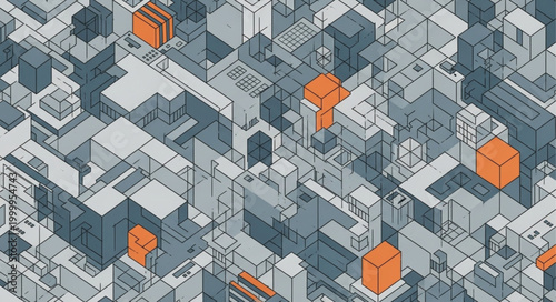 Isometric Abstract Cityscape with Geometric Buildings and Orange Accents.
