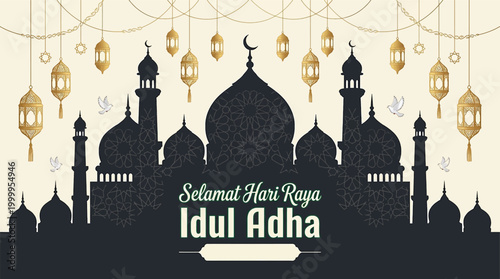 A festive illustration for Eid al-Adha featuring a dark mosque silhouette, golden lanterns, and crescent moons against a light background.