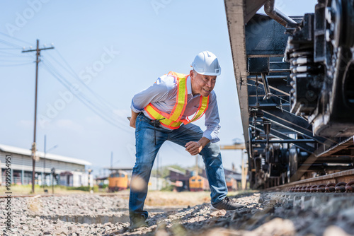 Quadro em tela Senior industrial worker checking mechanical parts of a train undercarriage duri