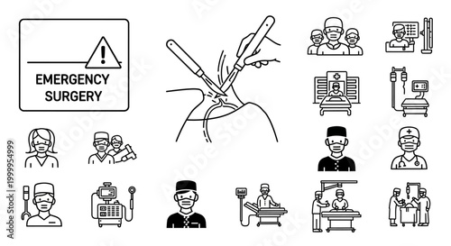 Surgery Operation in Medical Care Line Drawing Icon Set and Equipment