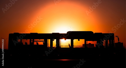 Silhouette of a Bus Against a Vibrant Sunset Sky.
