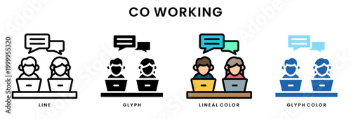 Set of 4 co working icons teamwork collaboration laptop users chat communication bubbles line glyph lineal color glyph color blue editable stroke