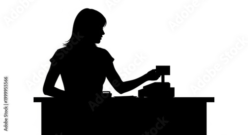 Silhouette of a cashier operating a cash register in a store.