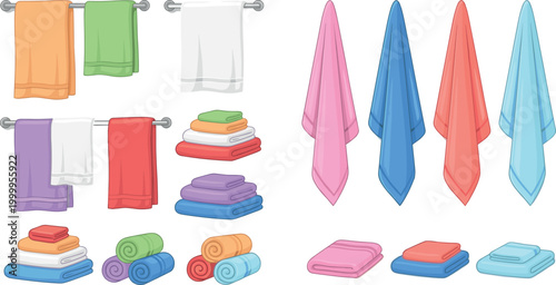Colorful vector illustration collection of various towels including folded, rolled, hanging, and stacked bathroom linens.