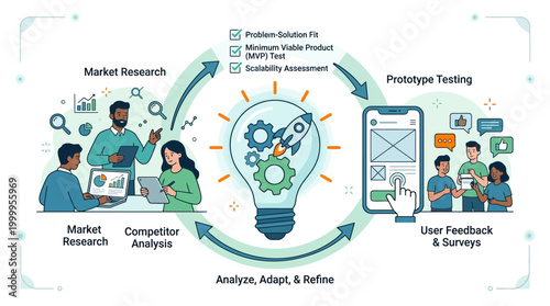 Business professionals analyze market research and user feedback to refine prototypes in a collaborative office setting with technology.
