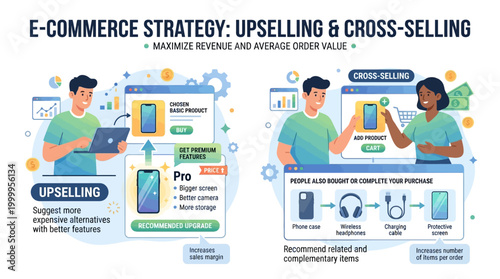 E-commerce strategy infographic shows people using technology for upselling and cross-selling