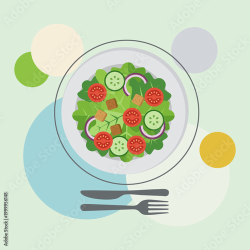 Healthy Salad Plate with Fresh Vegetables and Croutons in Flat Design Style Top View