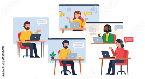 Five diverse professionals engage in a remote video conference call from their home offices, each using a laptop and headset for collaboration.