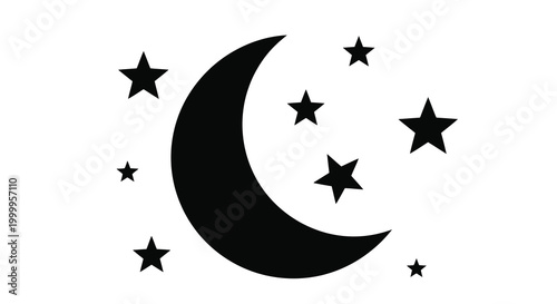 Black crescent moon and stars silhouette on white background