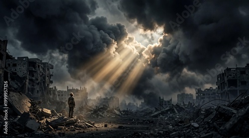 Lone Man Standing in War-Torn City Ruins with Sunbeams Breaking Through Dark Stormy Clouds, Concept of Hope, Resilience, and Reconstruction in Post-Apocalyptic Urban Environment