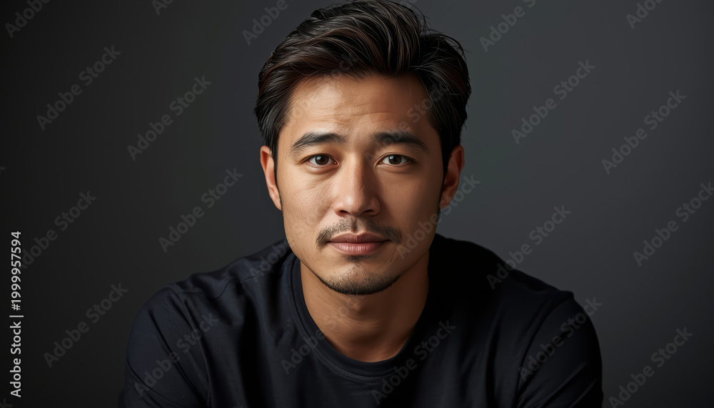 Obraz premium Calm thoughtful man with relaxed shoulders and subtle smile in studio portrait