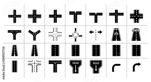 Collection of road intersection and junction symbols and icons.