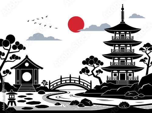 Japanese Zen Garden Landscape Illustration with Pagoda, Arched Bridge, and Rising Red Sun Silhouette
