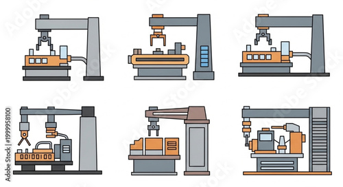 Industrial robot arms performing manufacturing tasks on assembly lines.