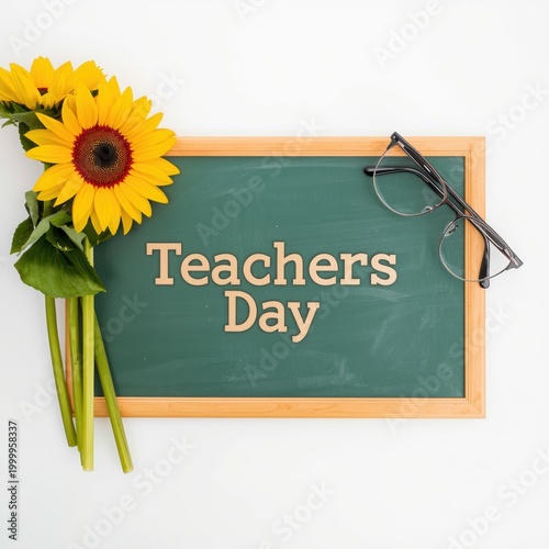 Teachers day greeting card with sunflower and glasses on chalkboard isolated on white background