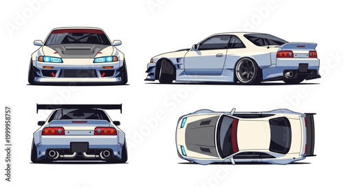 Tuning Car Front Side Rear and Top View Illustration.