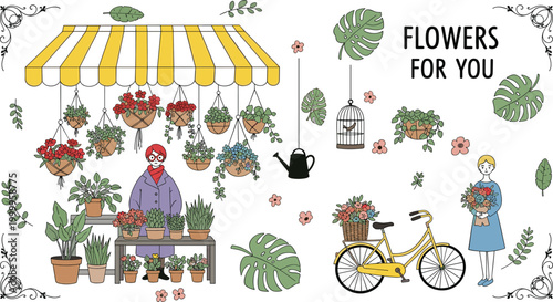 Flower Shop Illustration with Potted Plants, Hanging Baskets, and a Bicycle for Floral Business, Gift, and Gardening Designs