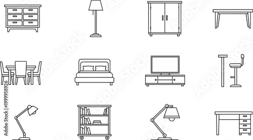 Furniture and Home Decor Icons Set Featuring Beds, Chairs, Desks, Tables, and Storage Units for Interior Design Projects