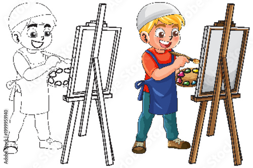 Young Boy Artist Painting on Canvas with Black and White Line Art