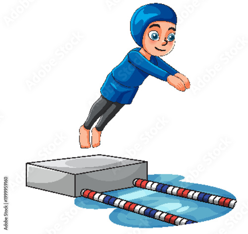 Cartoon Illustration of a Young Boy Diving into a Swimming Pool