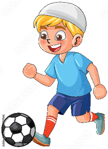 Young Muslim Boy Wearing a Kufi Playing Soccer Vector Illustration