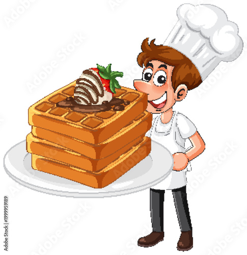 Cartoon Chef Holding a Large Plate of Stacked Belgian Waffles