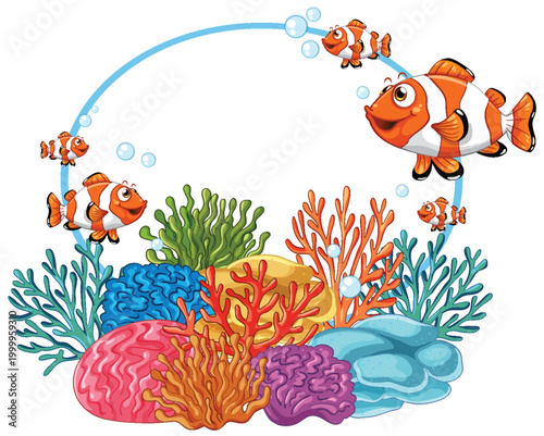 Cartoon Clownfish Swimming Around Colorful Coral Reef Circular Frame